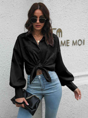 Collared Neck Dropped Shoulder Buttoned Shirt - Trendsi
