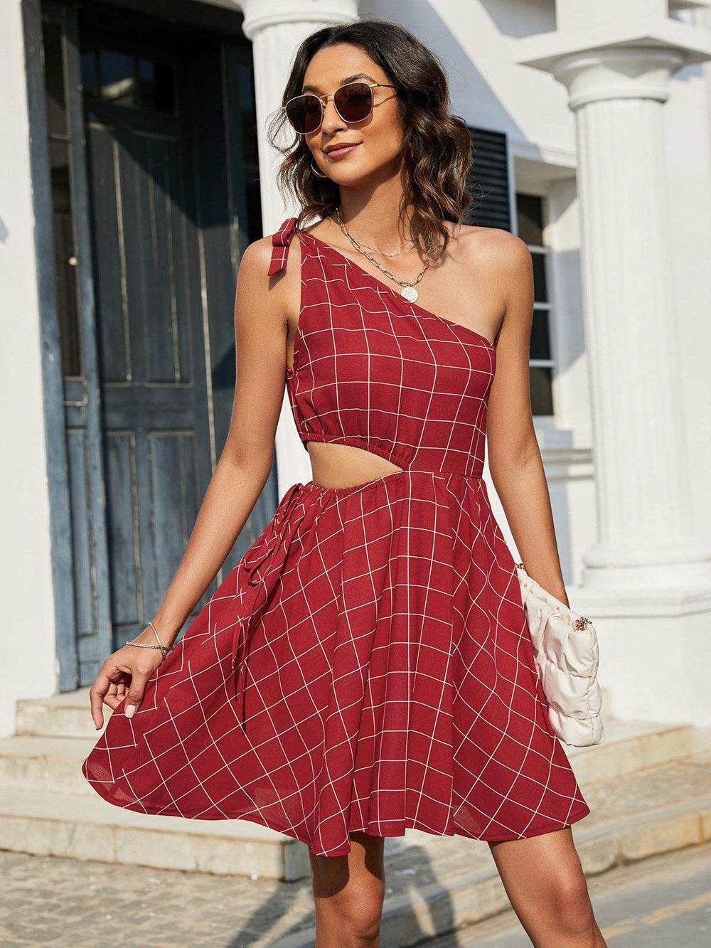 Grid One-Shoulder Tied Cutout Dress - Trendsi - Flyclothing LLC