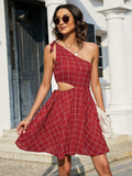 Grid One-Shoulder Tied Cutout Dress - Trendsi - Flyclothing LLC