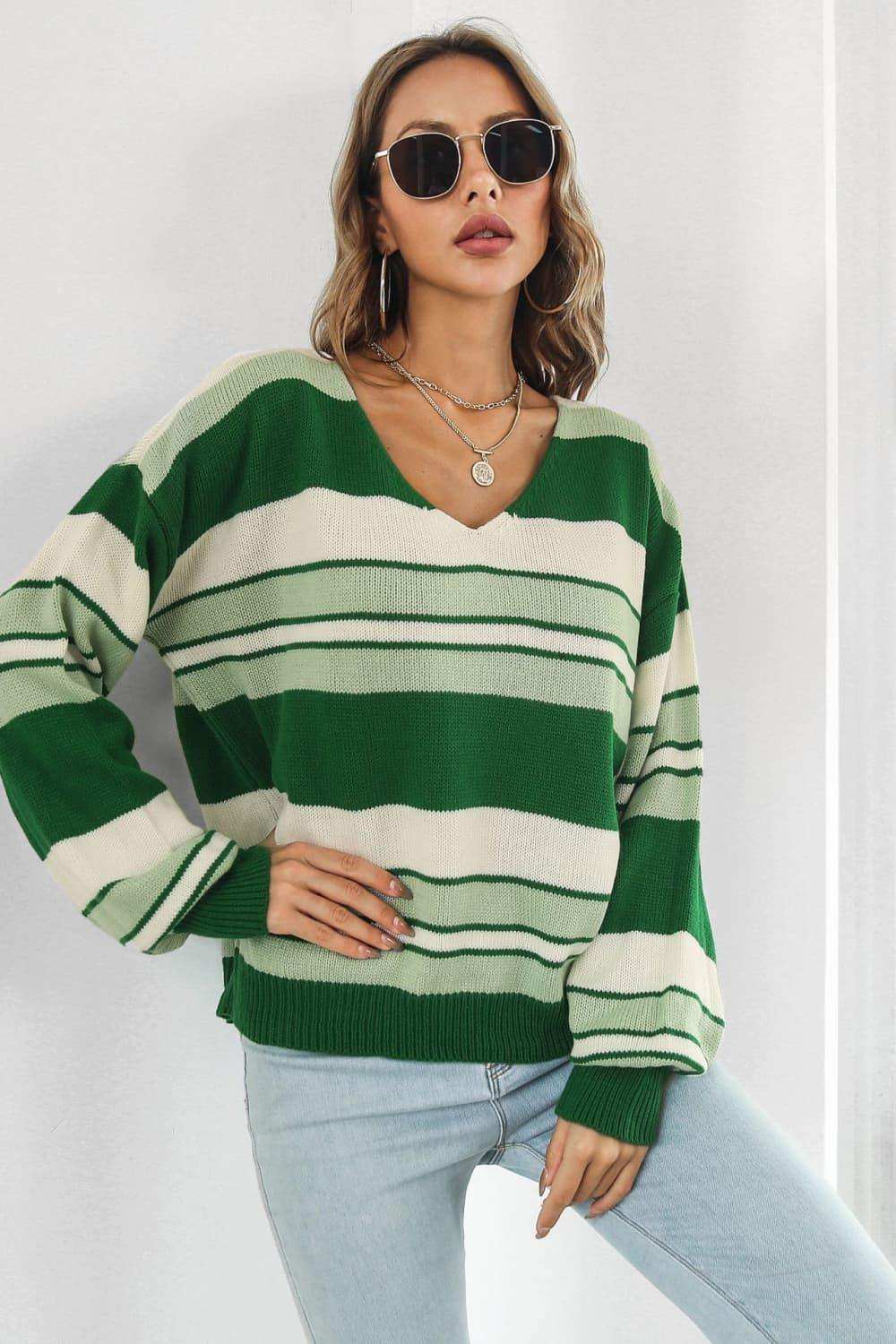 Striped V-Neck Dropped Shoulder Sweater - Trendsi - Flyclothing LLC