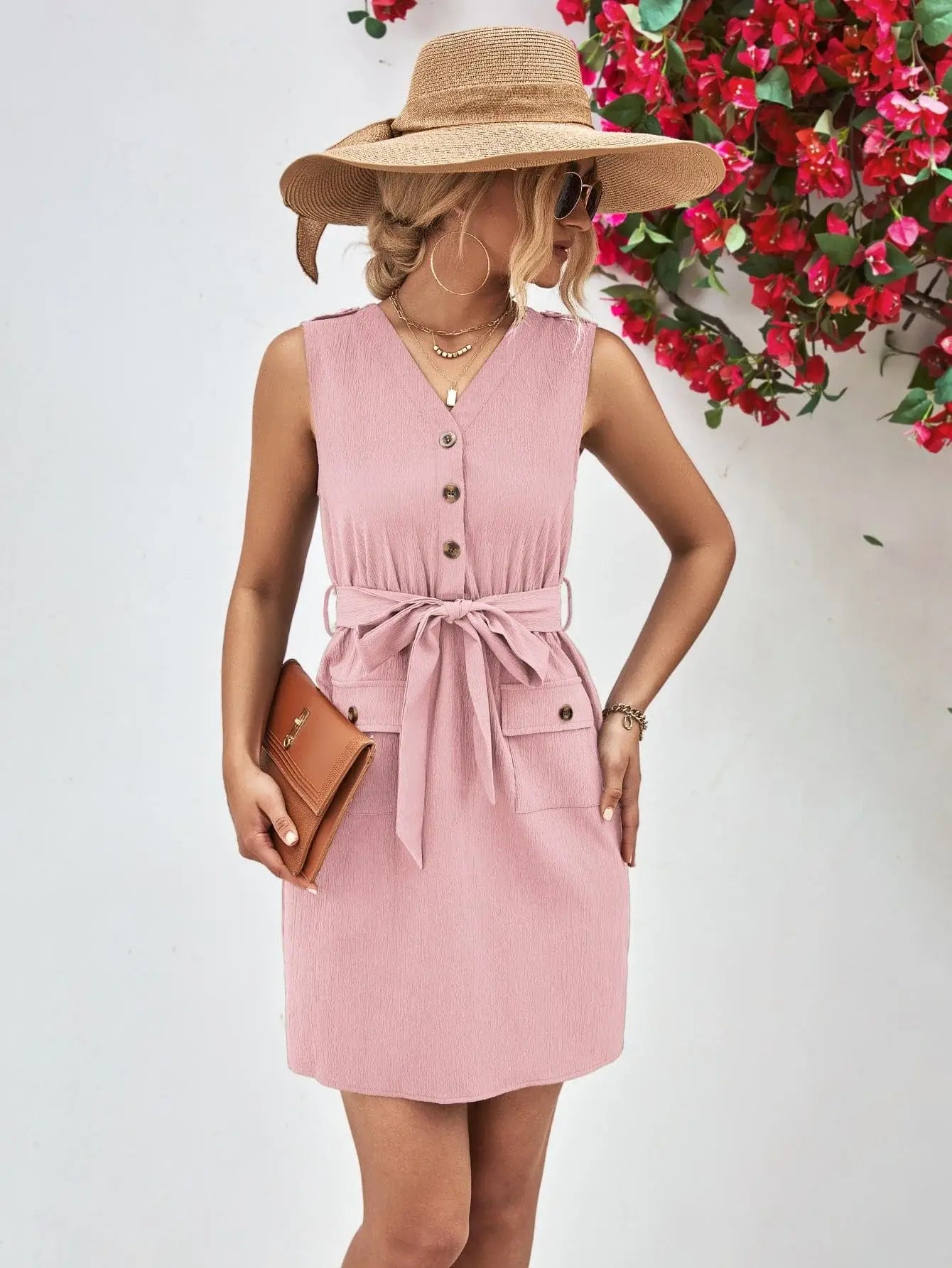 Buttoned V-Neck Belted Sleeveless Dress - Trendsi - Flyclothing LLC
