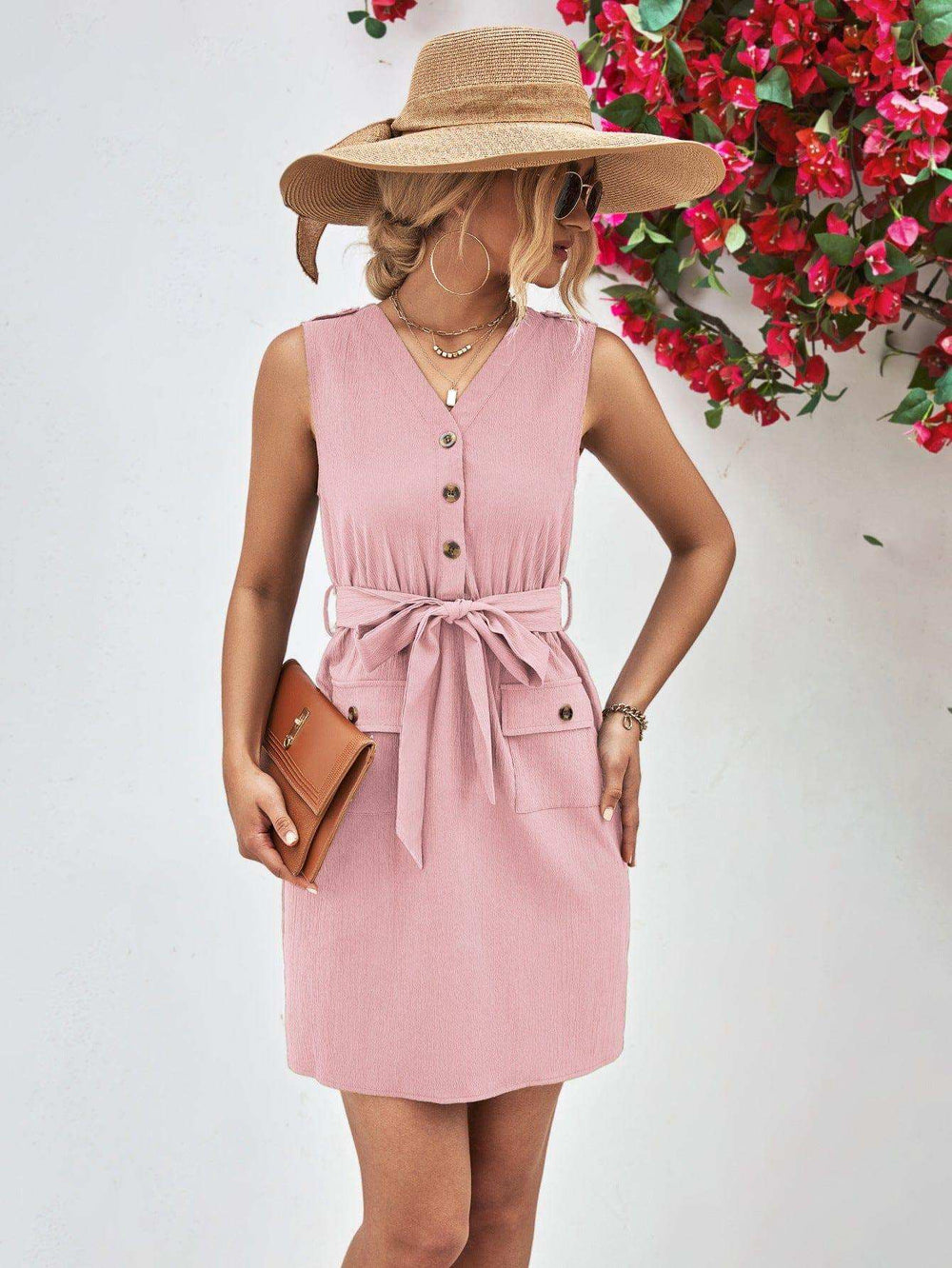 Buttoned V-Neck Belted Sleeveless Dress - Trendsi - Flyclothing LLC