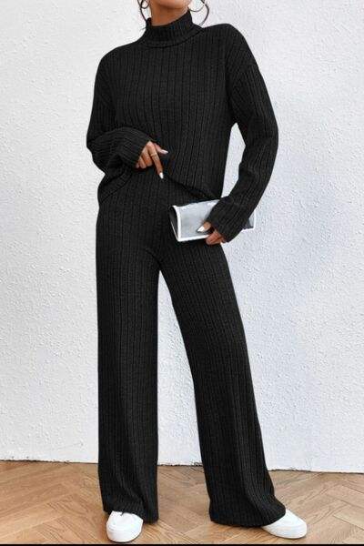 Mock Neck Dropped Shoulder Top and Pants Set - Trendsi - Flyclothing LLC