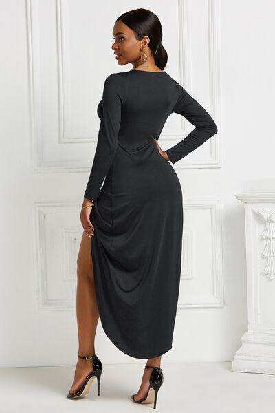High-low Ruched Surplice Long Sleeve Dress - Trendsi - Flyclothing LLC
