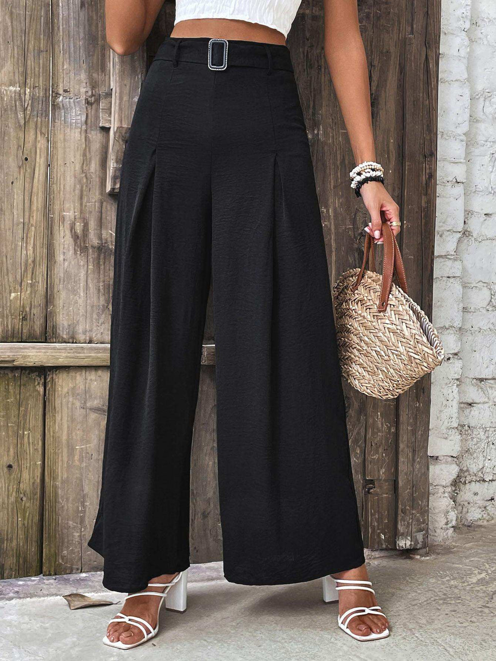 Ruched High Waist Wide Leg Pants - Trendsi - Flyclothing LLC