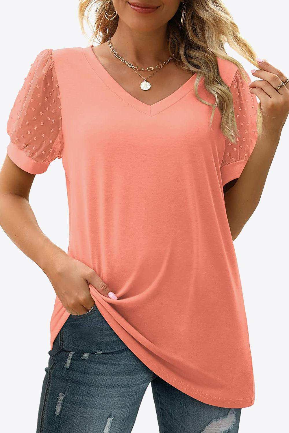 Swiss Dot Puff Sleeve V-Neck Tee - Trendsi - Flyclothing LLC