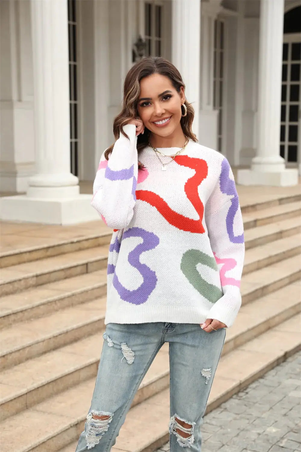 Printed Round Neck Dropped Shoulder Pullover Sweater - Trendsi - Flyclothing LLC