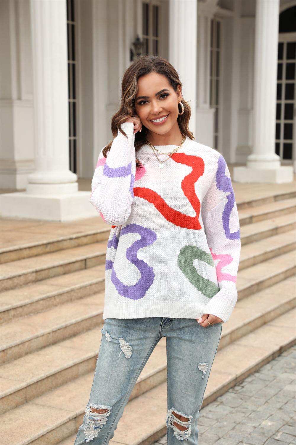 Printed Round Neck Dropped Shoulder Pullover Sweater - Trendsi - Flyclothing LLC