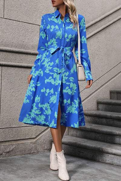 Printed Button Up Tie Waist Dress - Trendsi - Flyclothing LLC
