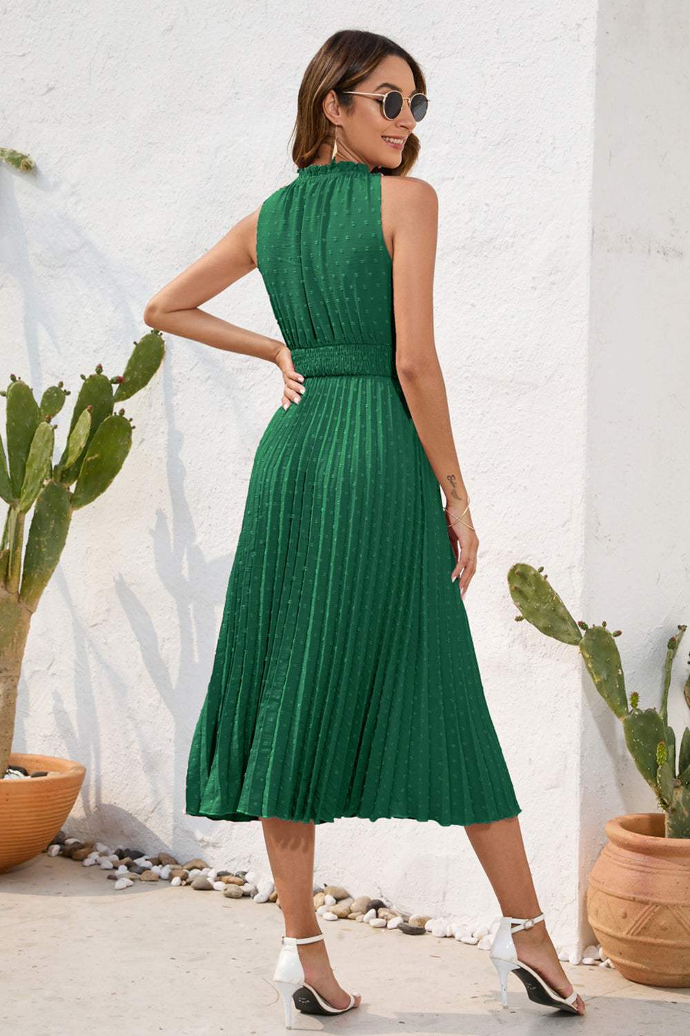 Swiss Dot Tie Neck Sleeveless Dress - Trendsi - Flyclothing LLC