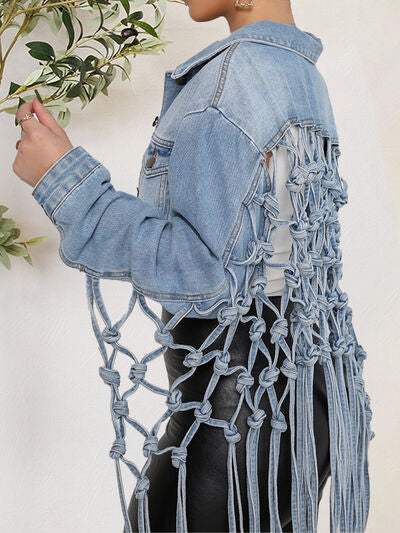 Tie Detail Button Up Denim Jacket with Pockets - Trendsi - Flyclothing LLC