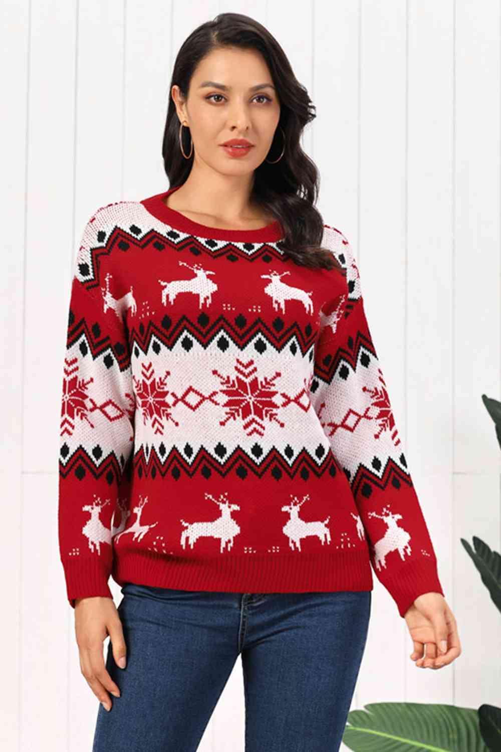 Reindeer Round Neck Sweater - Trendsi