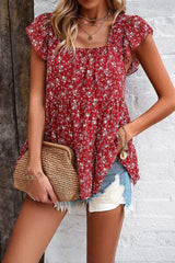 Printed Square Neck Cap Sleeve Blouse - Trendsi - Flyclothing LLC