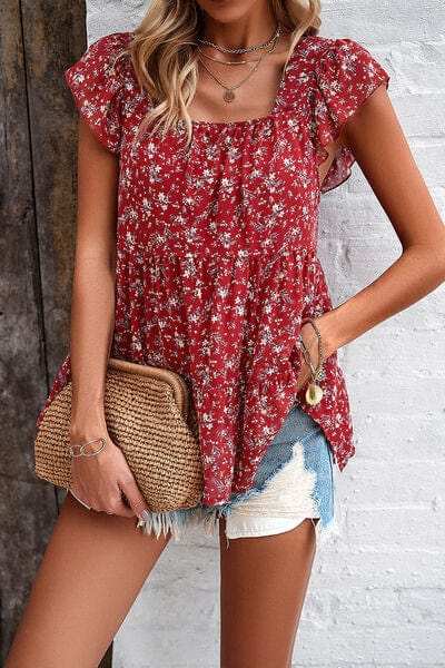 Printed Square Neck Cap Sleeve Blouse - Trendsi - Flyclothing LLC