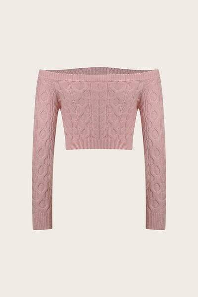 Cable-Knit Off-Shoulder Long Sleeve Sweater - Trendsi - Flyclothing LLC