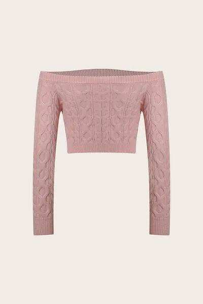 Cable-Knit Off-Shoulder Long Sleeve Sweater - Trendsi - Flyclothing LLC