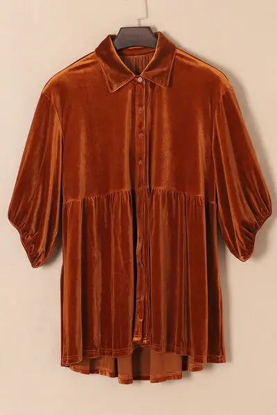 Tiered Button Up Collared Neck Shirt - Trendsi - Flyclothing LLC