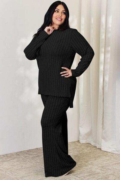 Basic Bae Full Size Ribbed High-Low Top and Wide Leg Pants Set - Trendsi - Flyclothing LLC