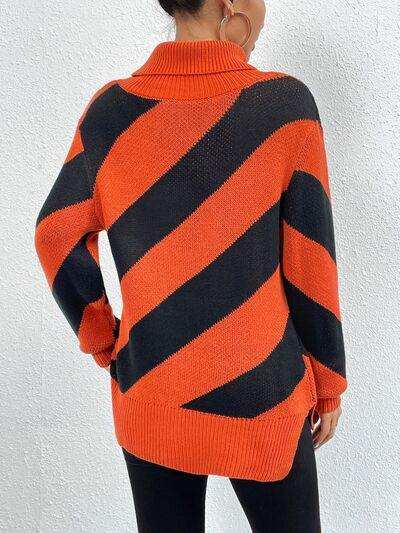 Striped Turtleneck Dropped Shoulder Sweater - Trendsi - Flyclothing LLC