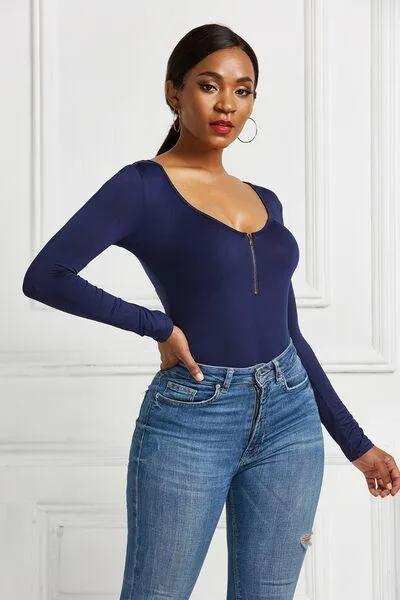 Half Zip Scoop Neck Long Sleeve Bodysuit - Trendsi - Flyclothing LLC