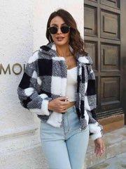 Plaid Dropped Shoulder Buttoned Jacket - Trendsi