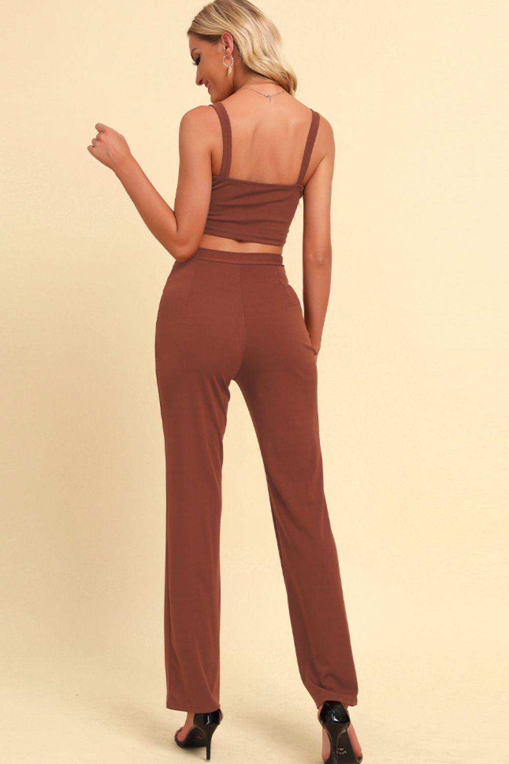 Chain Detail Cropped Cami and Straight Leg Pants Set - Trendsi - Flyclothing LLC