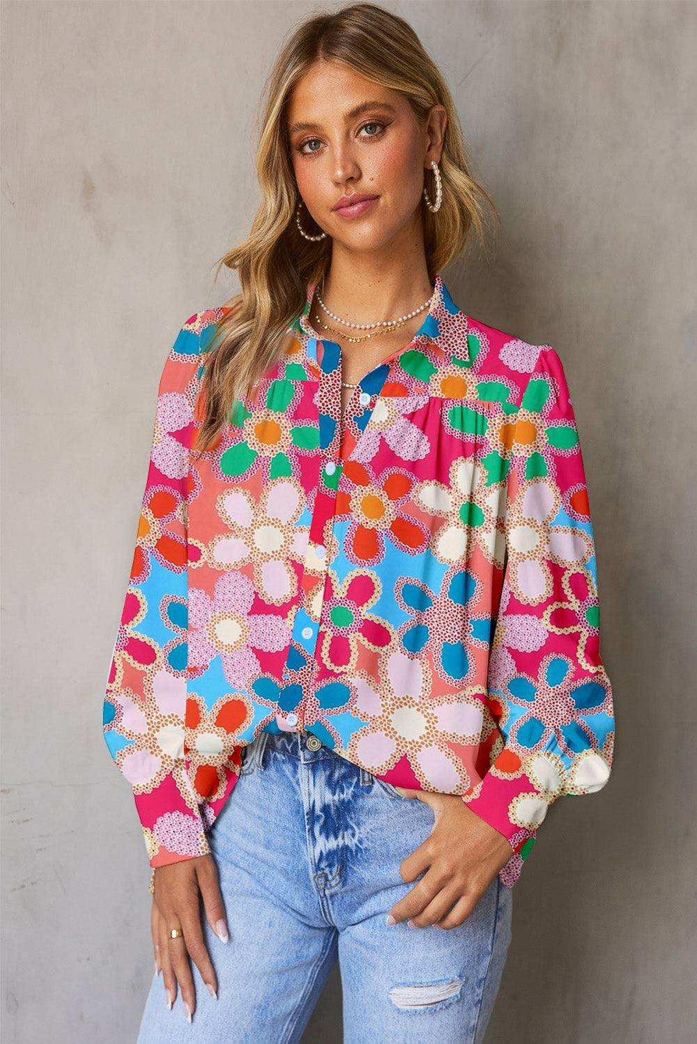 Floral Print Lantern Sleeve Collared Neck Shirt - Trendsi - Flyclothing LLC