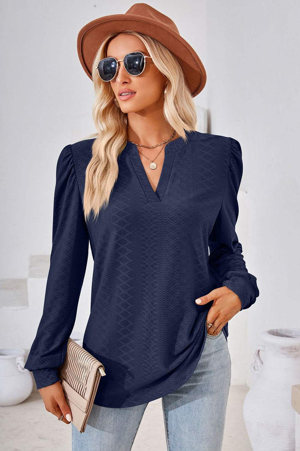 Notched Long Sleeve T-Shirt - Trendsi - Flyclothing LLC