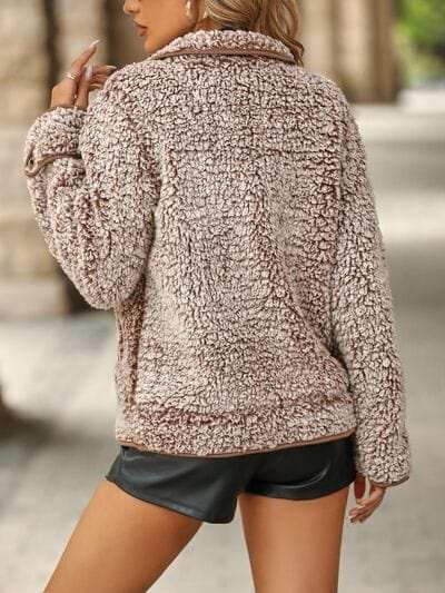Fuzzy Pocketed Button Up Jacket - Trendsi - Flyclothing LLC