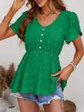 Swiss Dot Buttoned Petal Sleeve Peplum Blouse - Trendsi - Flyclothing LLC