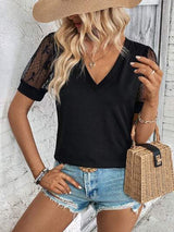 Bow Pattern V-Neck Short Sleeve T-Shirt - Trendsi - Flyclothing LLC