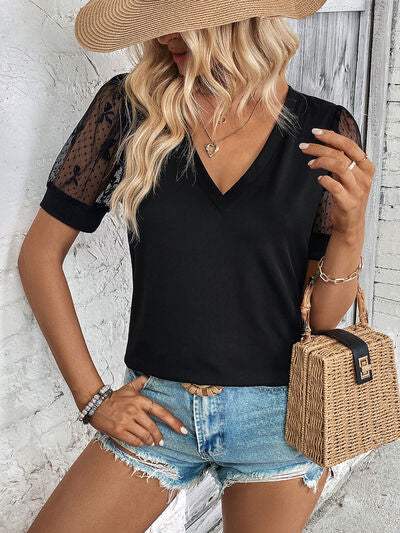 Bow Pattern V-Neck Short Sleeve T-Shirt - Trendsi - Flyclothing LLC