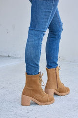 Forever Link Lace-Up Zipper Detail Block Heel Boots - Trendsi