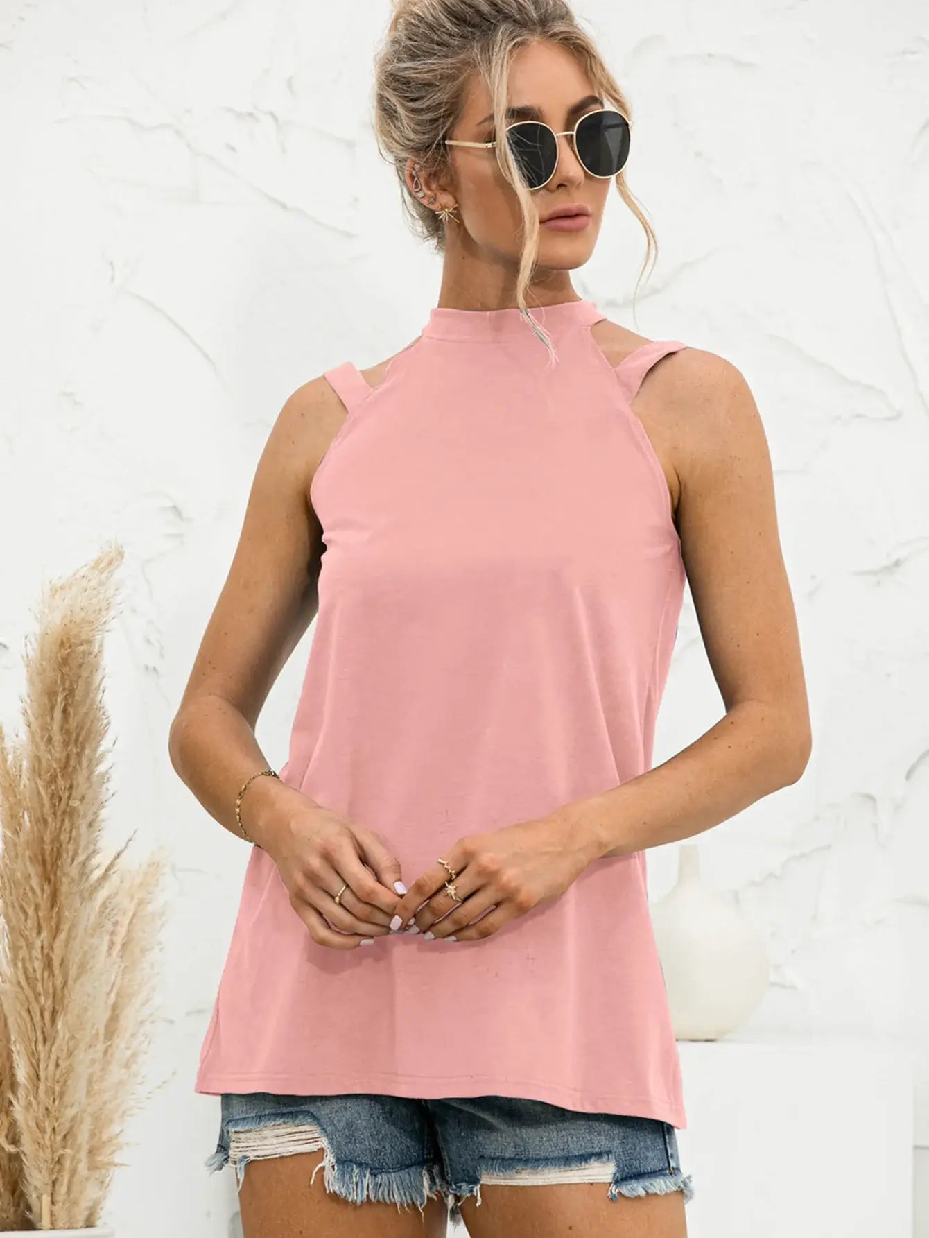 Cutout Mock Neck Tank - Trendsi - Flyclothing LLC