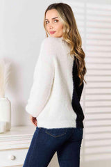 Woven Right Contrast Button-Front V-Neck Cardigan - Trendsi - Flyclothing LLC