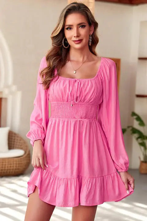 Smocked Balloon Sleeve Off-Shoulder Mini Dress - Trendsi - Flyclothing LLC