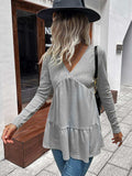 Waffle-knit V-Neck Long Sleeve Blouse - Trendsi - Flyclothing LLC