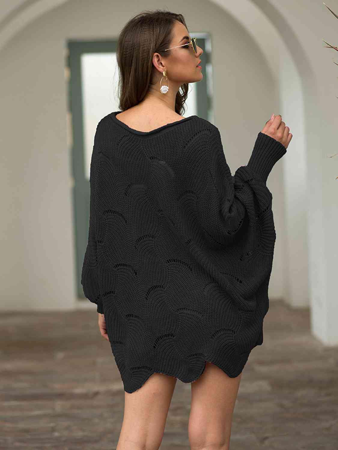Full Size Boat Neck Lantern Sleeve Openwork Knit Top - Trendsi