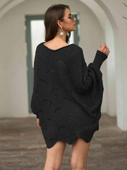 Full Size Boat Neck Lantern Sleeve Openwork Knit Top - Trendsi