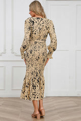 Printed V-Neck Smocked Midi Dress - Trendsi
