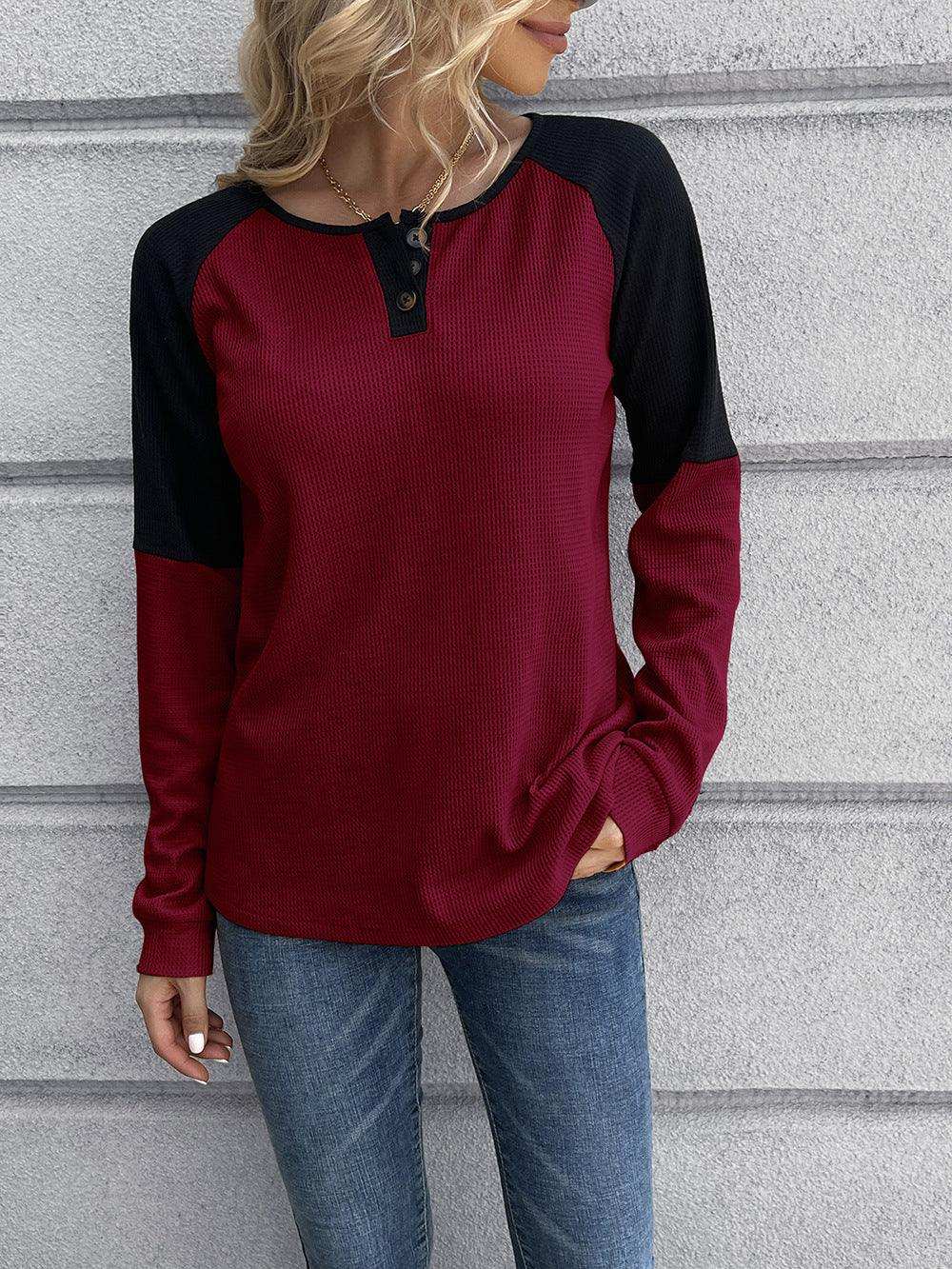 Contrast Buttoned Round Neck Raglan Sleeve Top - Trendsi - Flyclothing LLC