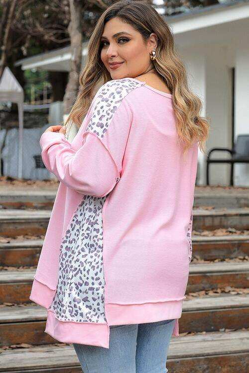 Plus Size Leopard Exposed Seam Long Sleeve Sweatshirt - Trendsi - Flyclothing LLC