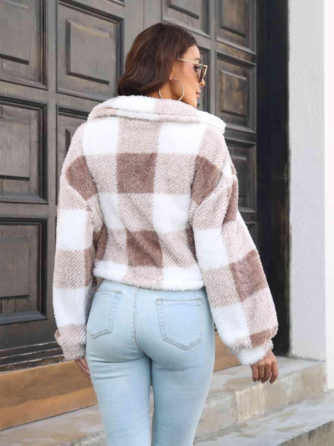 Plaid Dropped Shoulder Buttoned Jacket - Trendsi