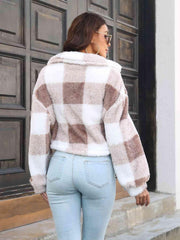 Plaid Dropped Shoulder Buttoned Jacket - Trendsi