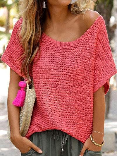 Boat Neck Short Sleeve Sweater - Trendsi - Flyclothing LLC