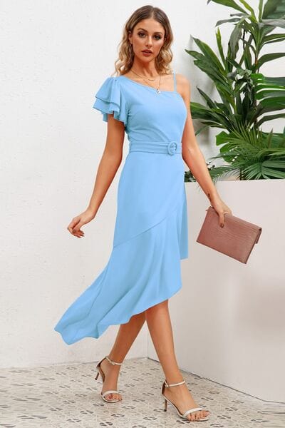 Ruffled Asymmetrical Neck Flutter Sleeve Dress - Trendsi