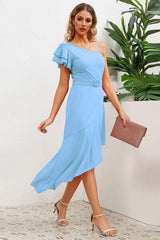 Ruffled Asymmetrical Neck Flutter Sleeve Dress - Trendsi