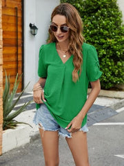 Ruched Short Sleeve V-Neck Blouse - Trendsi
