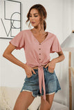 Decorative Button V-Neck Tied Blouse - Trendsi - Flyclothing LLC