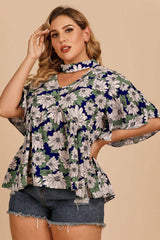Plus Size Floral Flutter Sleeve Cutout Blouse - Trendsi - Flyclothing LLC